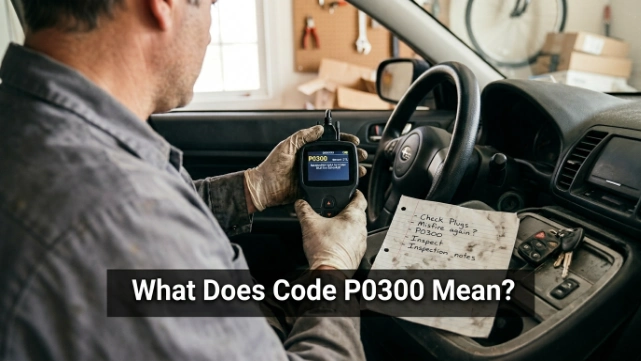 OBD2 scanner showing code P0300 inside a car during engine diagnosis.