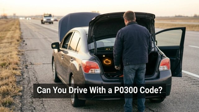 Driver waiting for roadside help after a severe P0300 misfire warning.