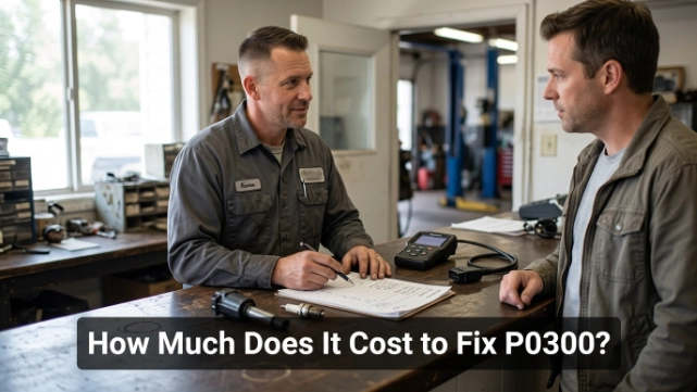 Technician discussing estimated P0300 diagnosis and repair costs with a vehicle owner.