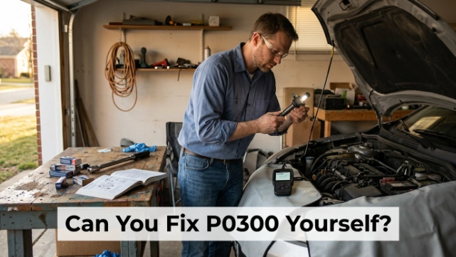 DIY car owner checking ignition parts and OBD2 data while troubleshooting code P0300 at home