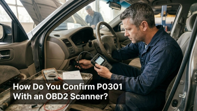 Technician connecting an OBD2 scanner to diagnose and confirm a P0301 code