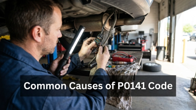 Mechanic inspecting corroded wiring and a failed downstream O2 sensor causing P0141