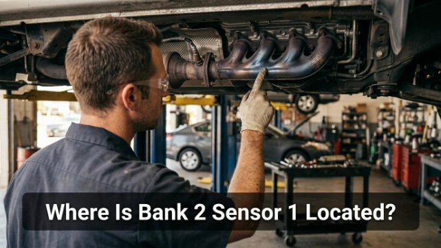 Technician locating Bank 2 Sensor 1 on a V6 exhaust manifold before the catalytic converter.