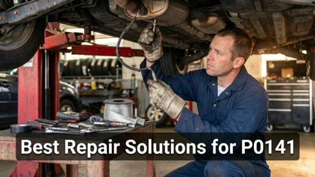 Mechanic replacing a downstream oxygen sensor and repairing wiring to fix P0141.