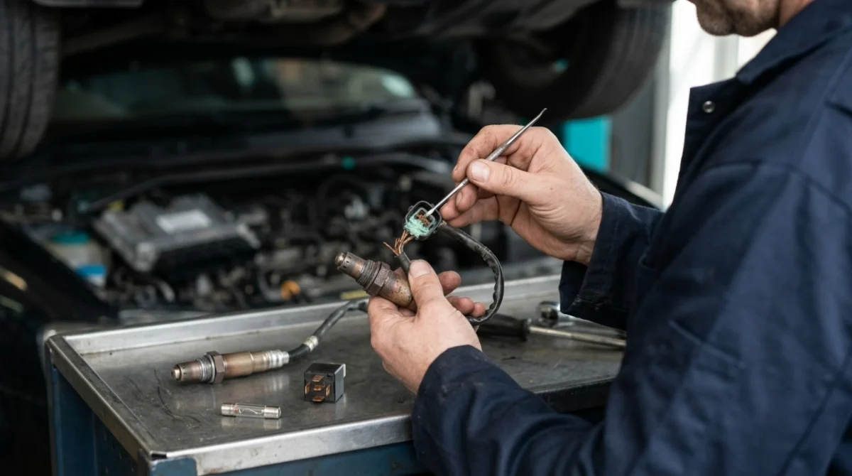 Technician inspecting a failed O2 heater, damaged wiring, corroded connector, fuse, and relay