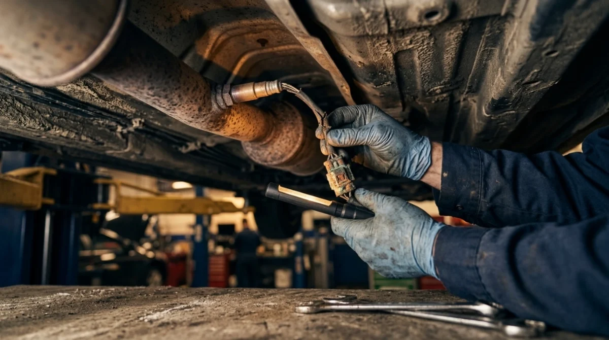 Mechanic inspecting corroded O2 sensor wiring beneath a vehicle for common P0161 causes