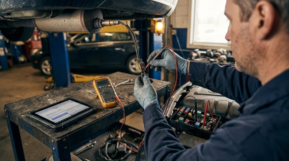 Technician using a multimeter and scanner to diagnose a P0161 oxygen sensor heater fault