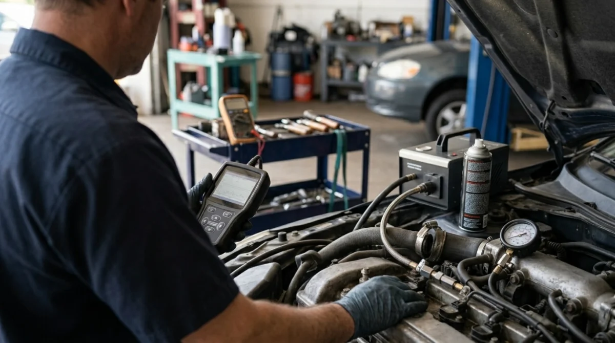 Mechanic using a scanner, smoke tester, and fuel gauge to diagnose a P0171 lean code