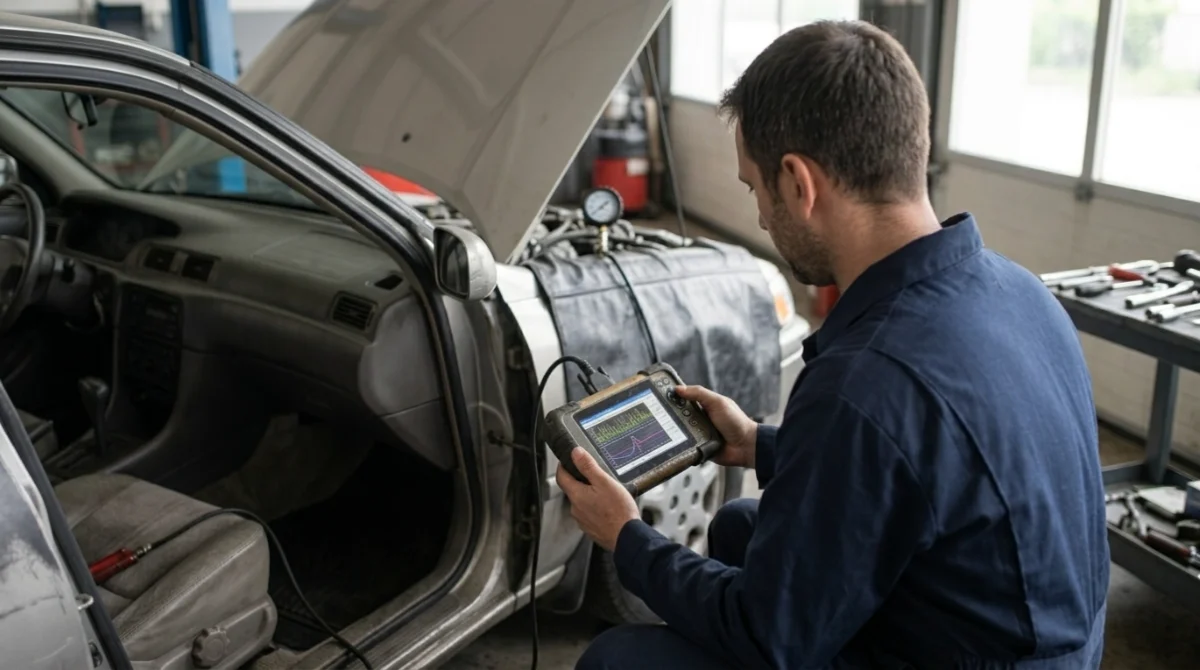 Mechanic checking fuel trims and fuel pressure while diagnosing a P0171 lean condition.