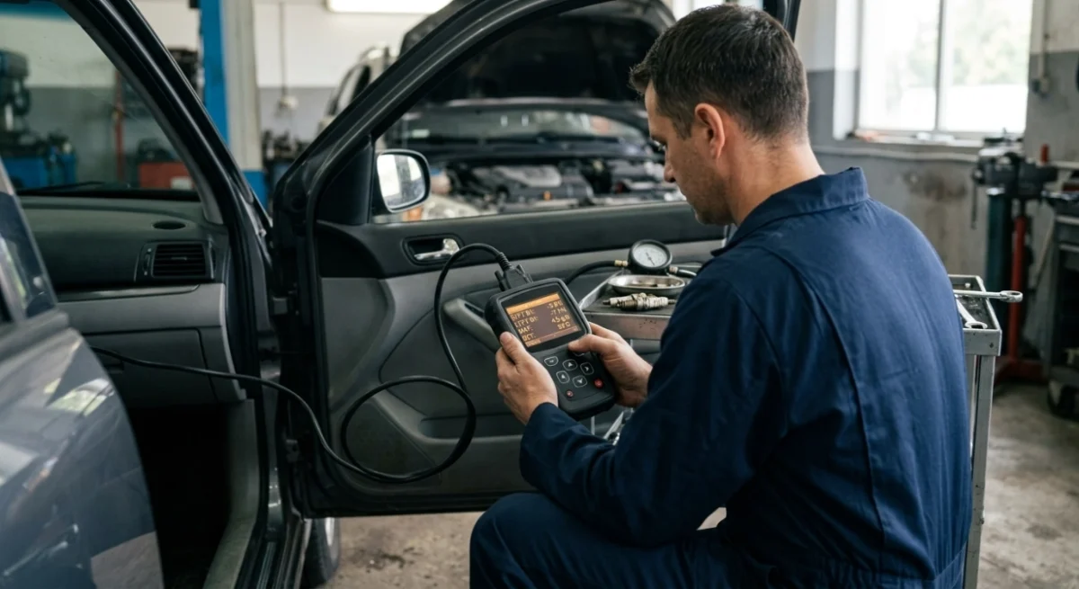 Technician diagnosing P0172 using live fuel trim and MAF scanner data