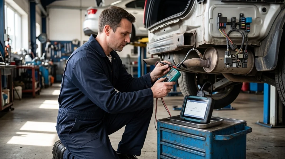 Technician inspecting an O2 sensor harness and installing heat protection during routine service