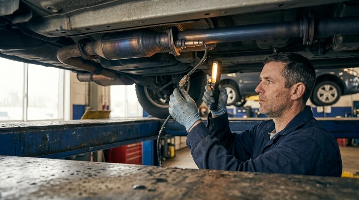 Technician inspecting O2 sensor wiring and exhaust components during routine vehicle maintenance