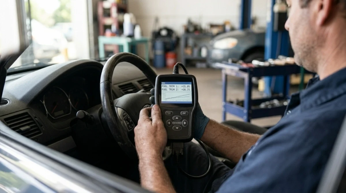 OBD-II scanner showing positive fuel trims above +15 percent during P0171 diagnosis