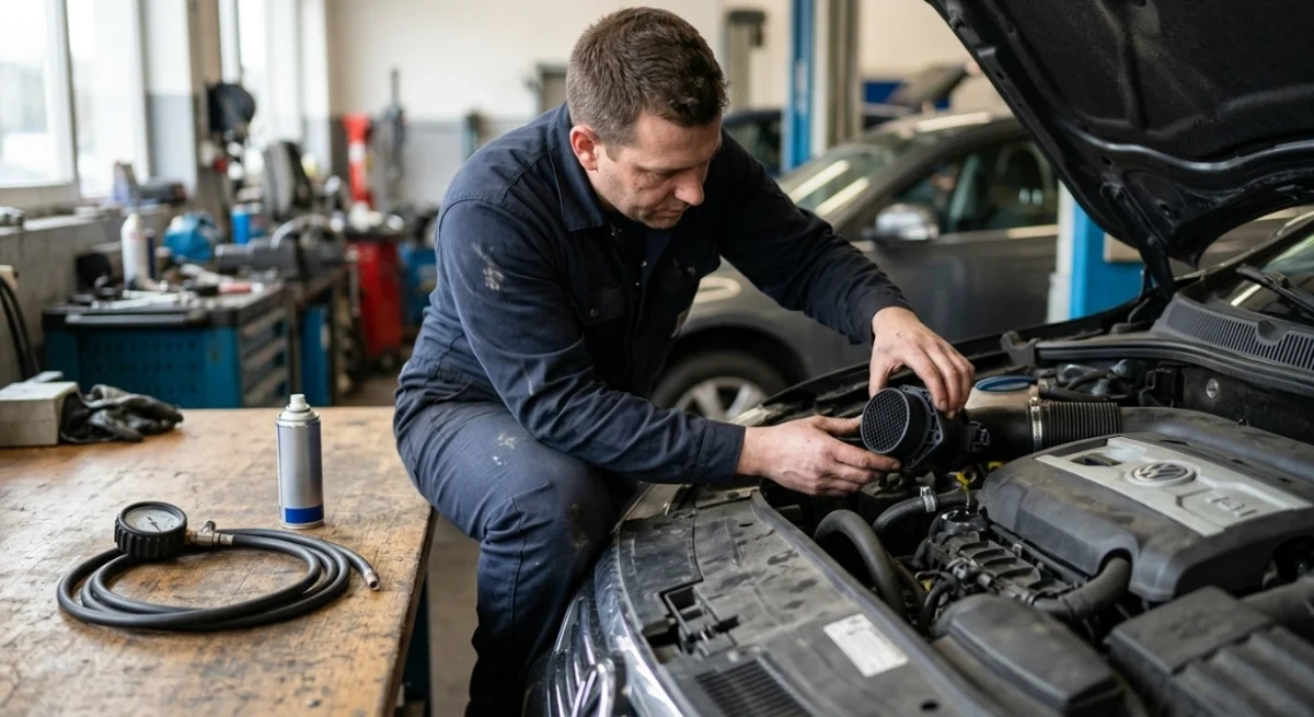 Mechanic reinstalling a cleaned MAF sensor after checking vacuum hoses for a P0171 repair.