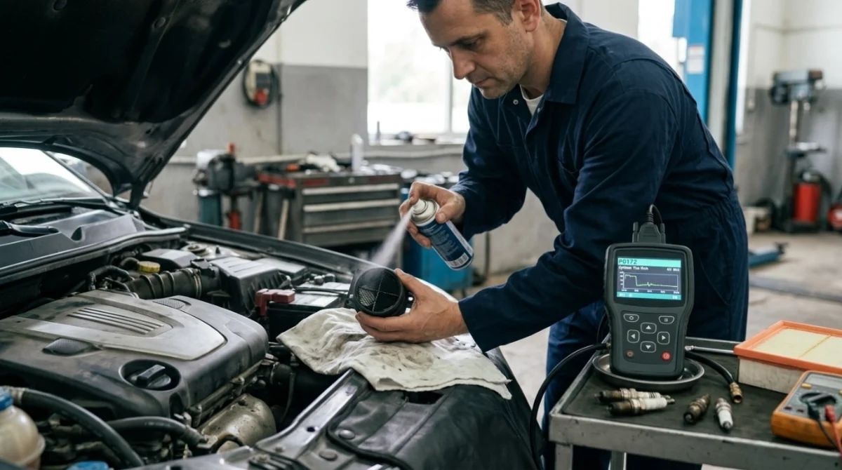 Technician cleaning a MAF sensor after scan data confirms a P0172 cause