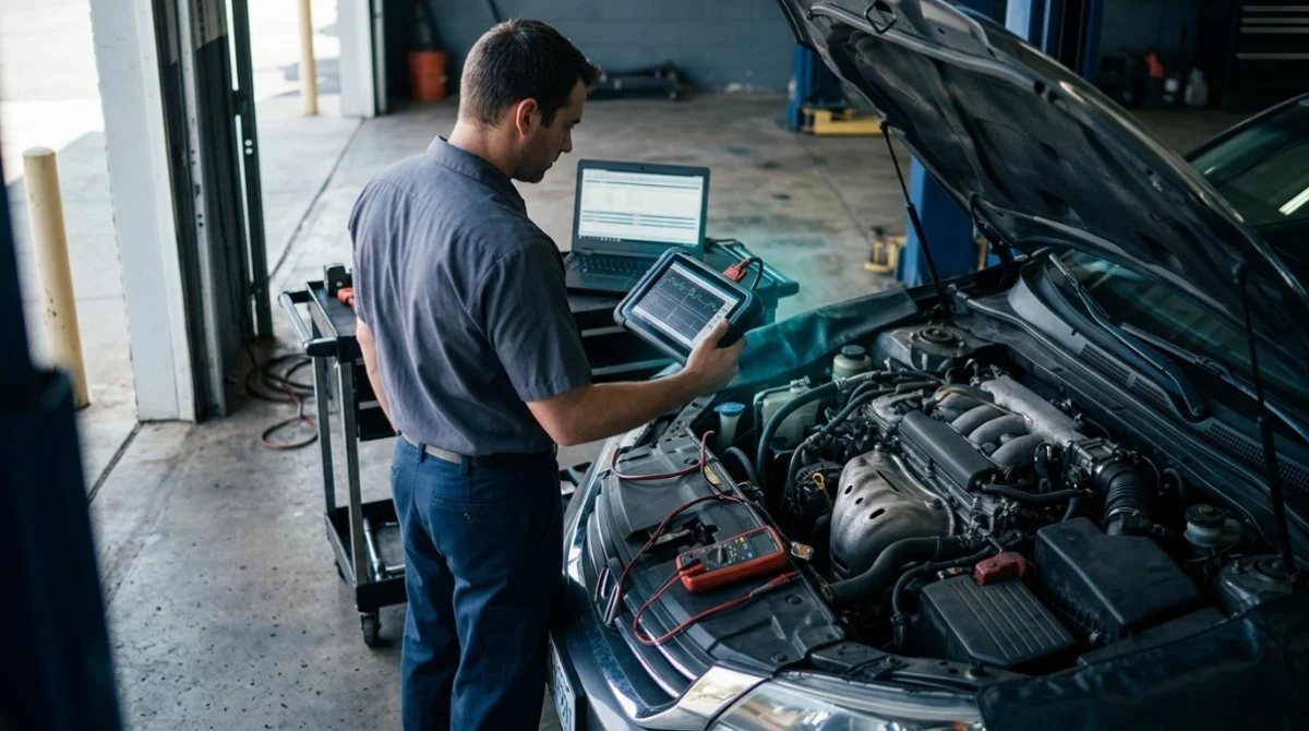 Mechanic diagnosing P0133 with warm-engine O2 sensor data, multimeter, and leak-testing equipment