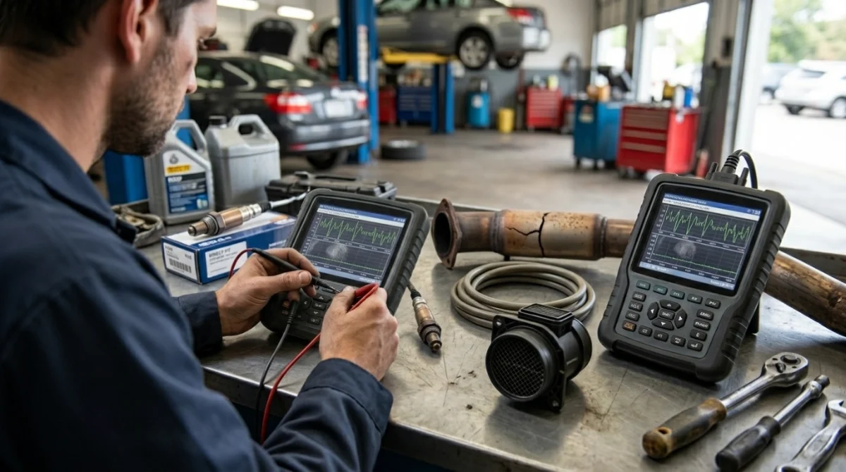 Mechanic comparing sensor, wiring, exhaust, intake, and MAF causes of P0133