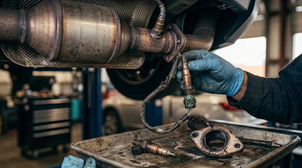 Aged downstream O2 sensor, damaged wiring, corrosion, and exhaust leak associated with P0138