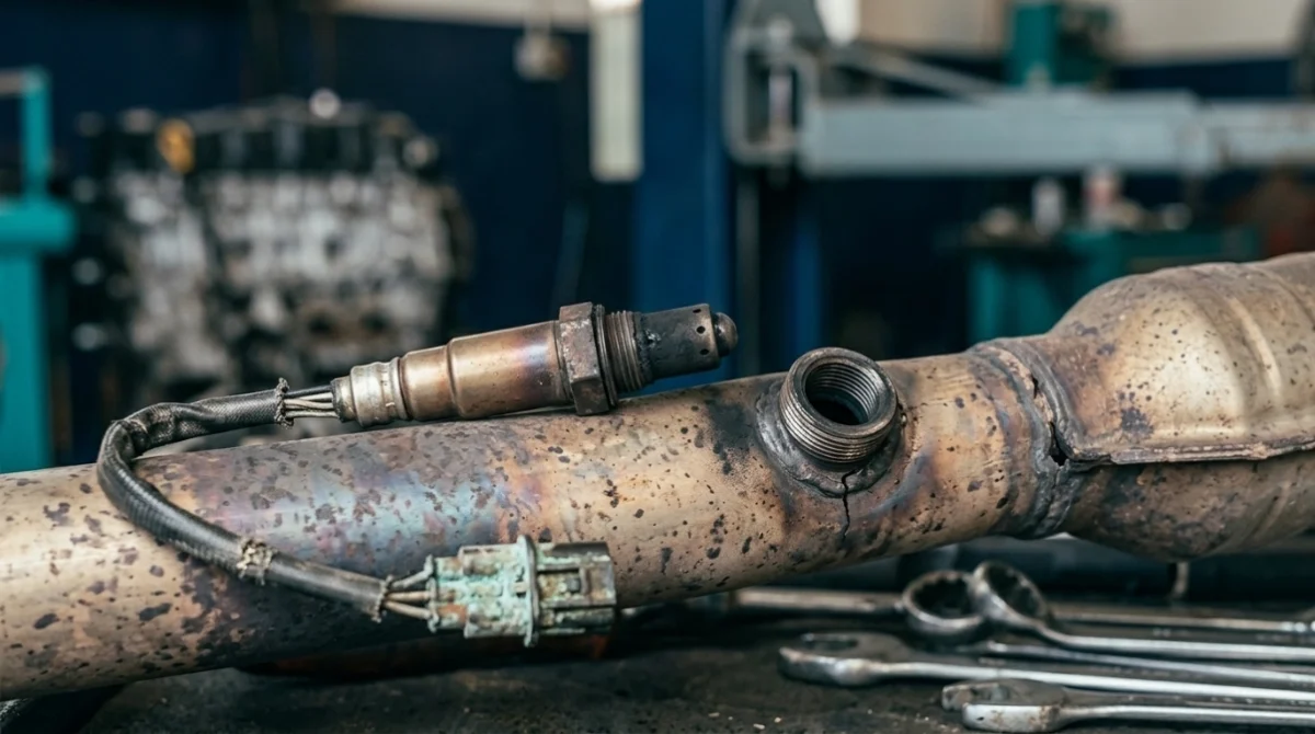 Faulty downstream O2 sensor beside damaged wiring, exhaust soot, and a cracked exhaust seam