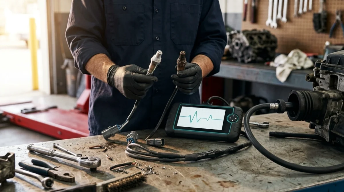 P0133 repair scene with a direct-fit O2 sensor, repaired wiring, and vacuum-leak test.