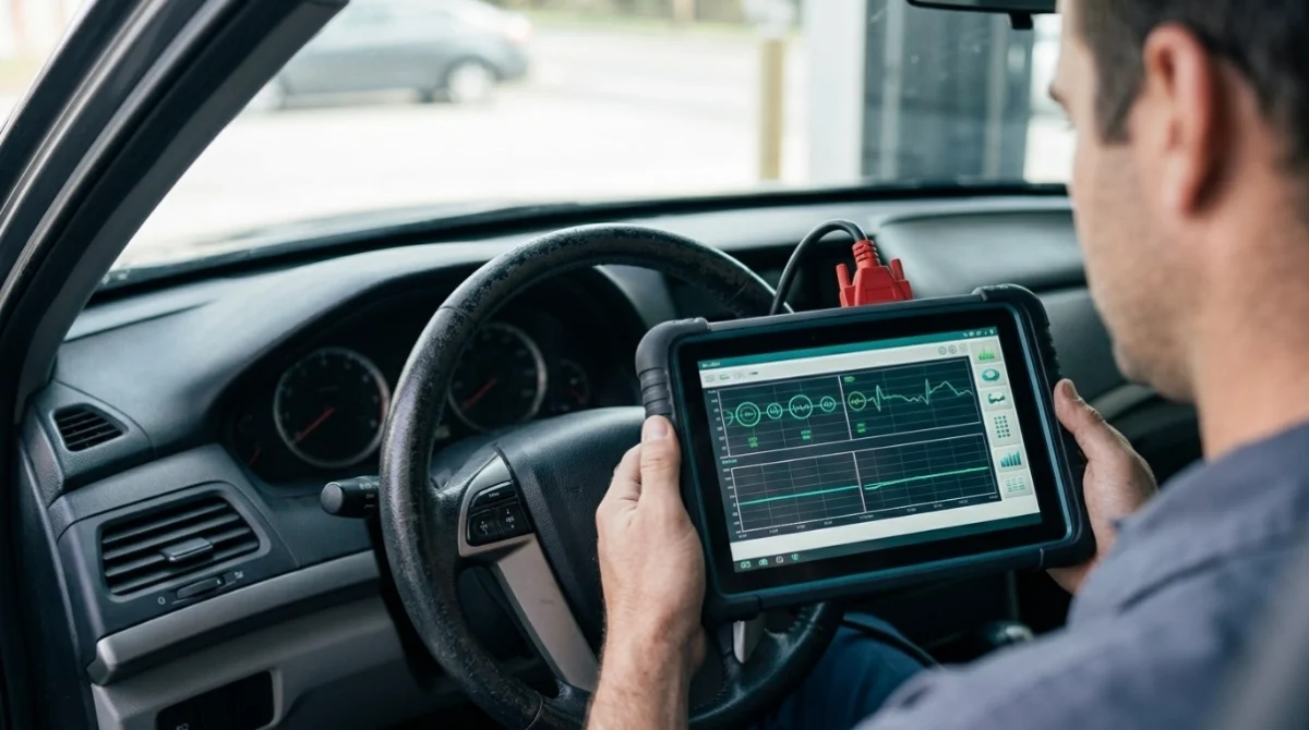 Mechanic confirming a P0133 repair by checking fuel trims and O2 readiness after a drive cycle