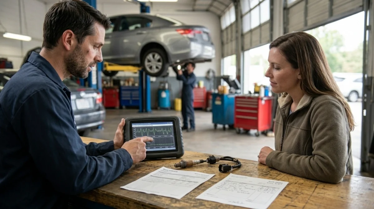 Driver and technician reviewing P0133 live data and an oxygen sensor repair estimate