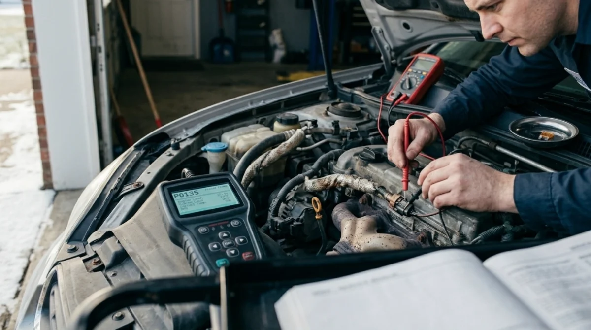 Mechanic checking O2 heater power, ground, and resistance during a P0135 diagnosis