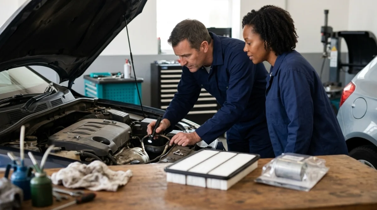 Mechanic inspecting O2-sensor wiring during routine filter and engine maintenance to prevent P0138