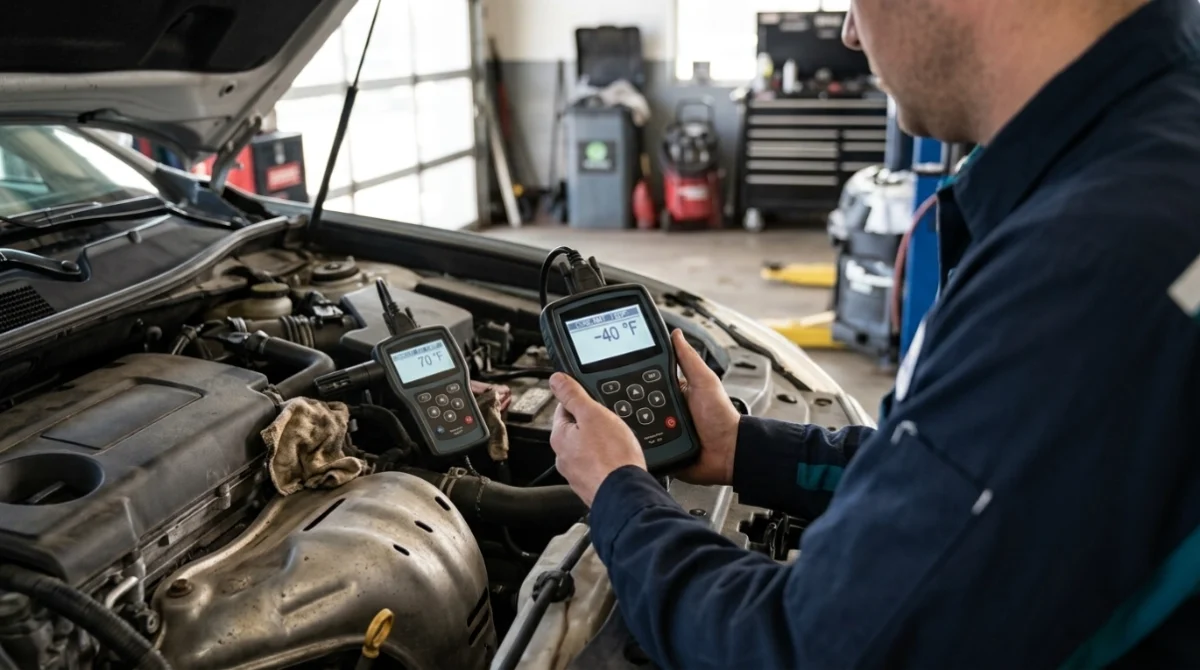 Technician comparing cold-engine coolant scan data with ambient temperature during P0118 diagnosis.