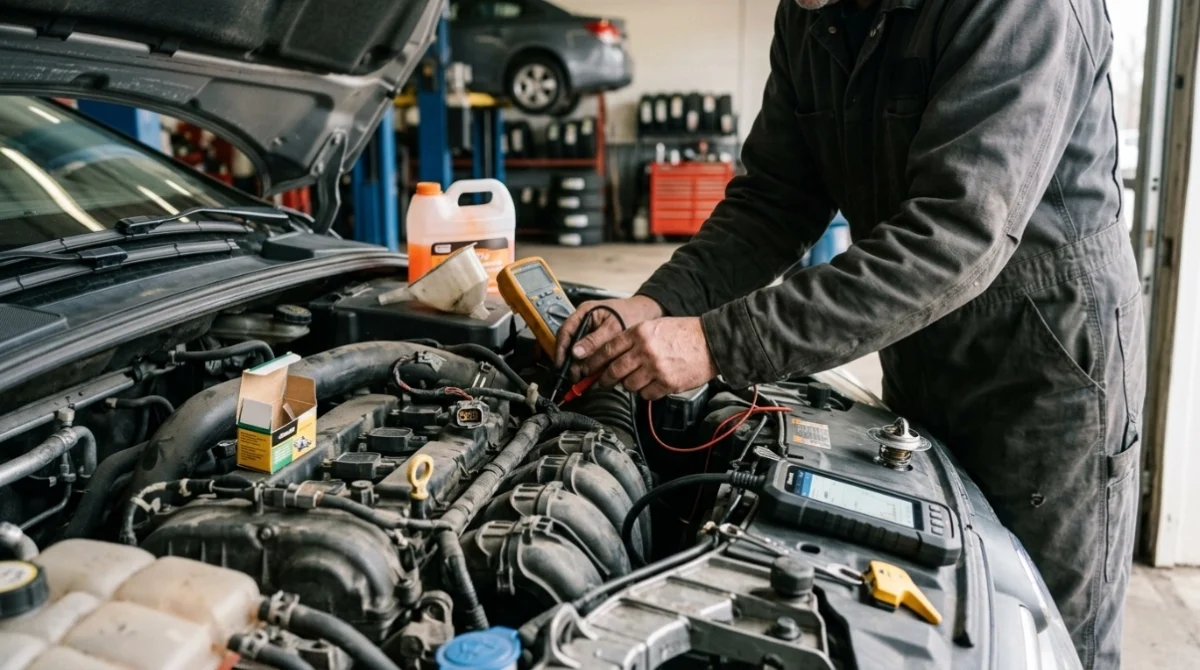 Mechanic comparing common repairs that can affect the total P0118 repair cost.