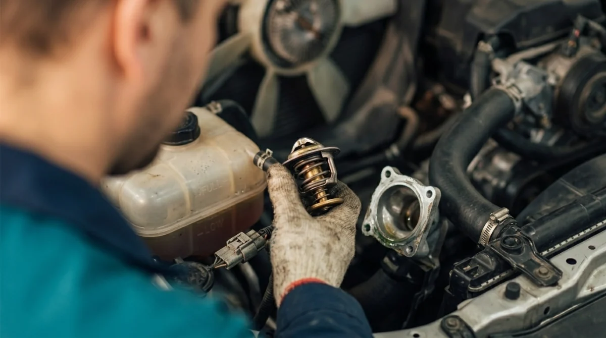 Mechanic inspecting a stuck-open thermostat, low coolant, temperature sensor, and wiring