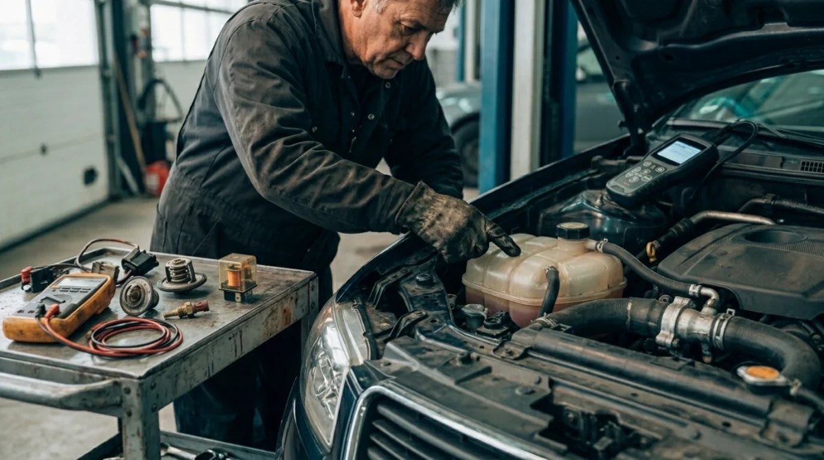 Mechanic checking coolant with thermostat, sensor, fan relay, and scan tool nearby