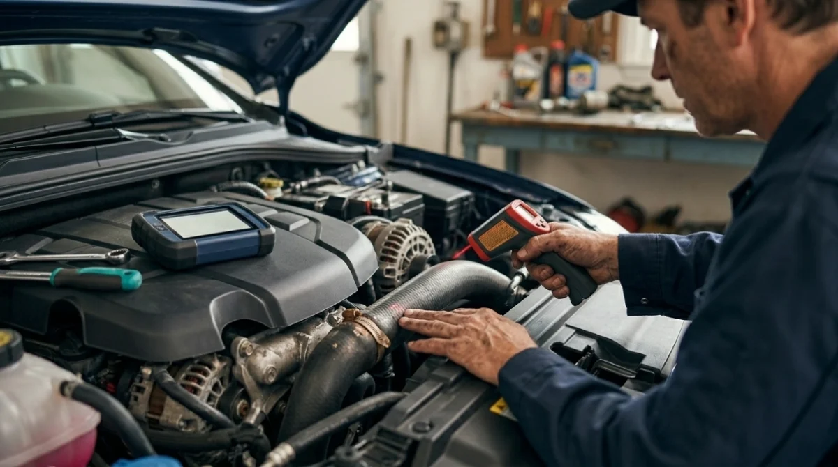 Technician checks an upper radiator hose while testing a thermostat for P0128