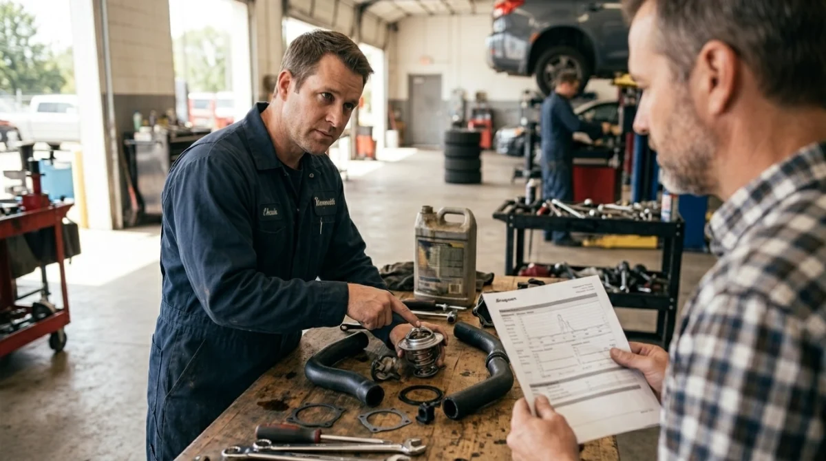 Mechanic reviewing a P0128 thermostat repair estimate with a vehicle owner