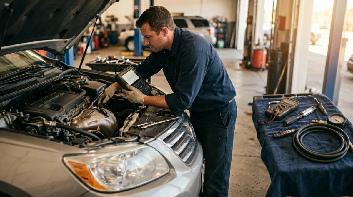 Technician checking an aging oxygen sensor, damaged wiring, and possible exhaust leaks for P0133