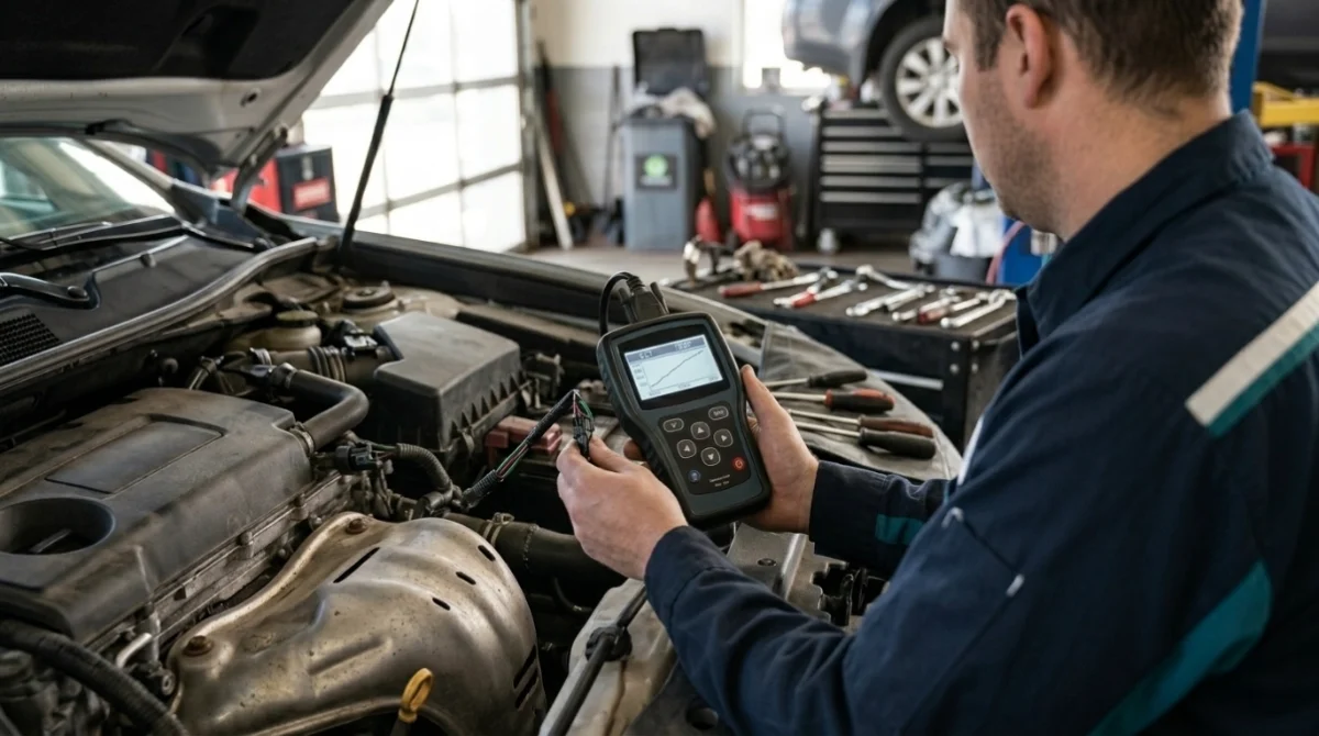 Technician confirming a P0118 repair with smooth coolant-temperature data and a harness wiggle test.