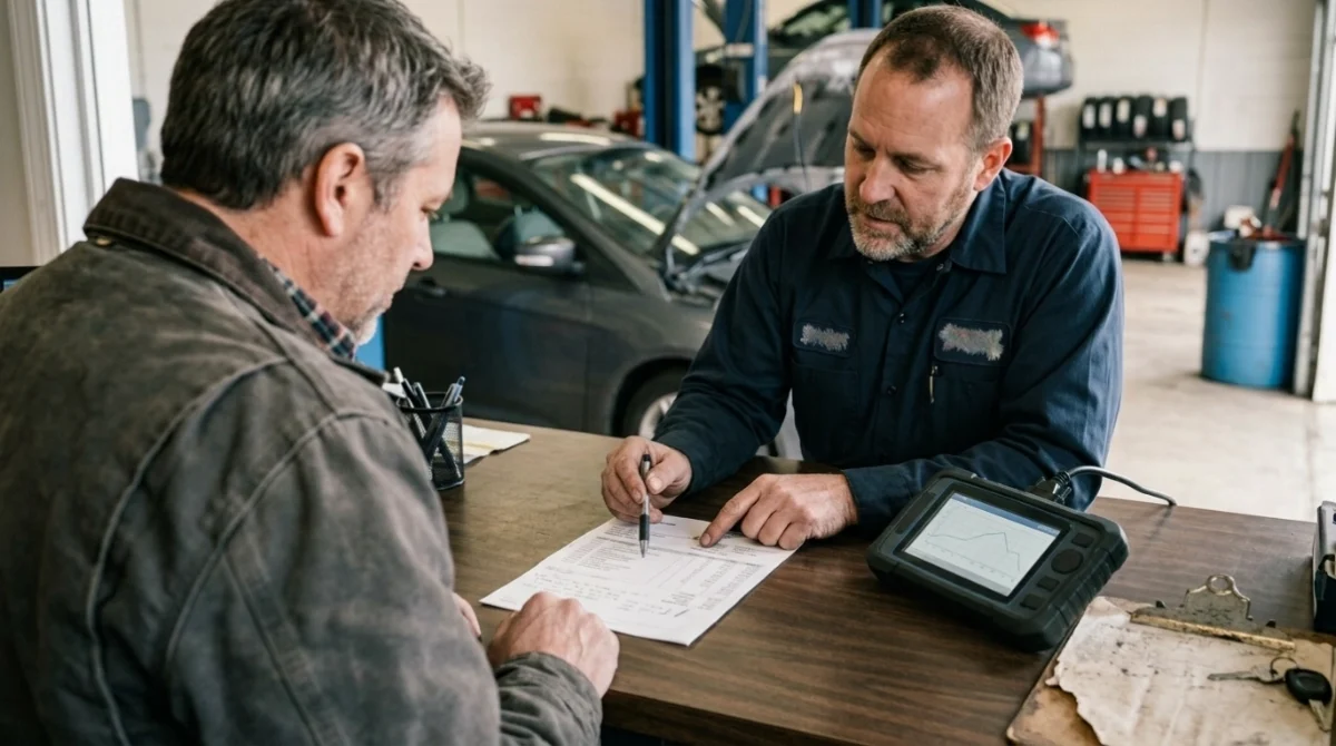 Driver reviewing an itemized estimate to avoid overpaying the P0118 repair cost.