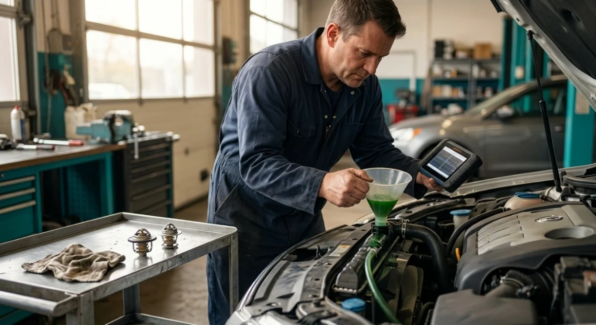 Technician bleeding cooling-system air and verifying warm-up after a P0128 repair