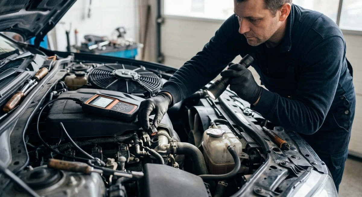 Technician inspecting thermostat, coolant sensor, wiring, and cooling fan for P0128 symptoms