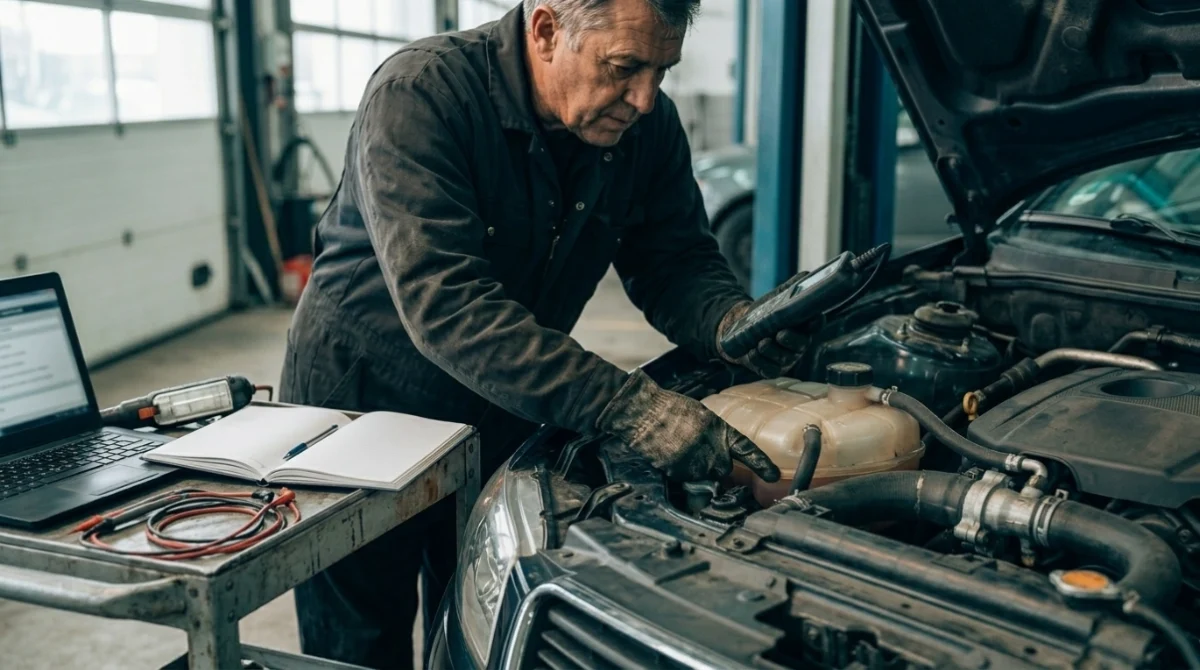 Mechanic using live data and radiator-hose temperature to diagnose P0128