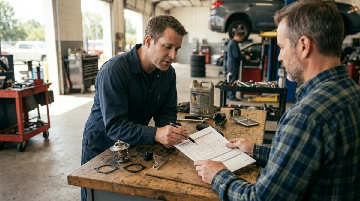Driver reviewing an itemized P0128 repair estimate with an automotive service adviser