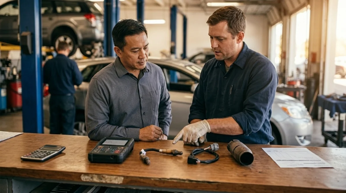 Technician explaining P0133 diagnostic, oxygen sensor, wiring, and exhaust repair costs