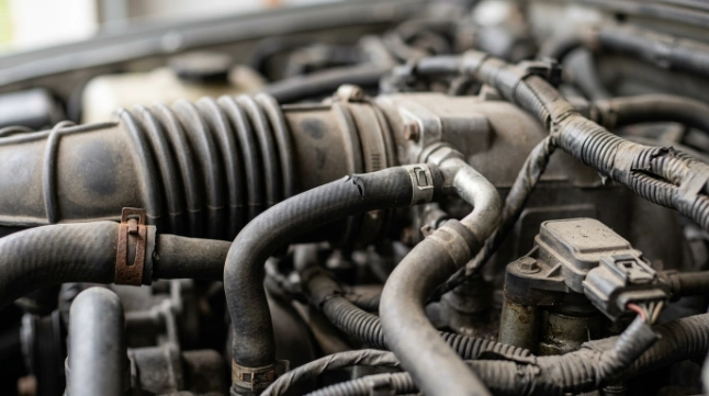 Cracked vacuum hose near an engine intake during a P0106 vacuum leak inspection.