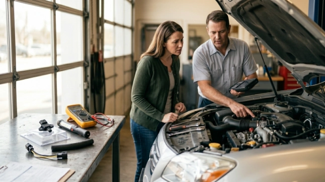 Technician reviewing P0106 repair cost beside MAP sensor, wiring, vacuum hose, and diagnostic tools