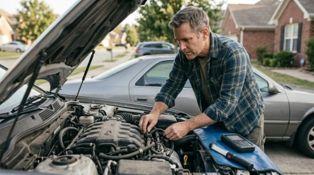 P0106 repair priority check with owner inspecting MAP connector and vacuum hoses before driving