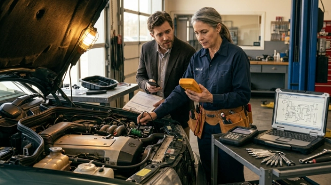 Driver and technician reviewing P0106 repair testing beside an engine, vacuum hose, and wiring connector