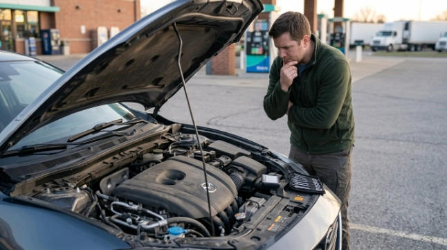 Driver checking a car after P0113 symptoms before deciding whether to continue driving