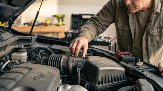 Mechanic securing an IAT connector while diagnosing the correct fix for P0113 causes