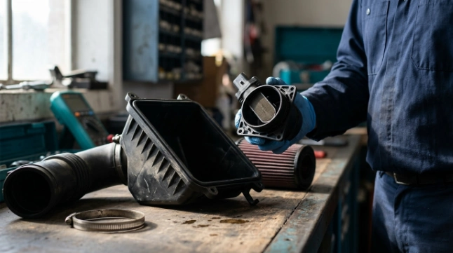 Dirty MAF sensor with dust and oil contamination linked to P0102 causes.