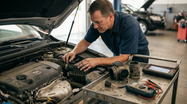 Technician inspecting several possible causes that can change the total P0102 repair cost.
